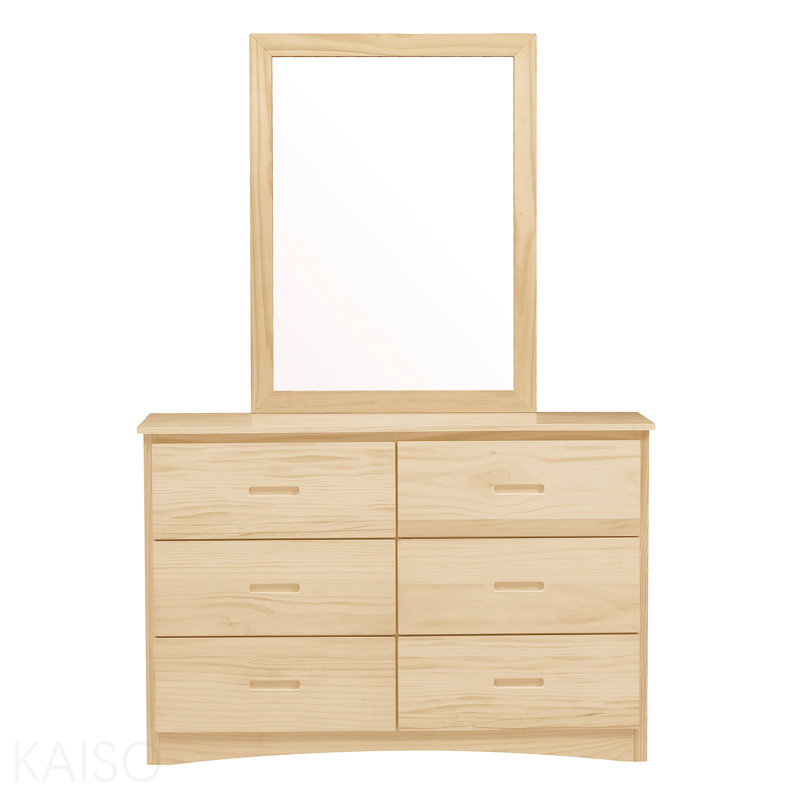 Miroir de commode transitionnel avec 6 tiroirs et meubles de chambre à coucher en bois de pin naturel