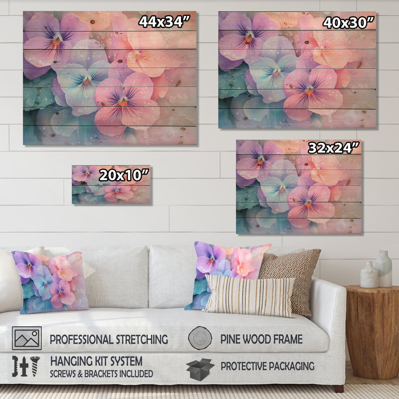 Aquarelle matin rosée de fleurs de violette II - Art mural traditionnel sur bois de pin naturel, H 30 po x l 40 po
