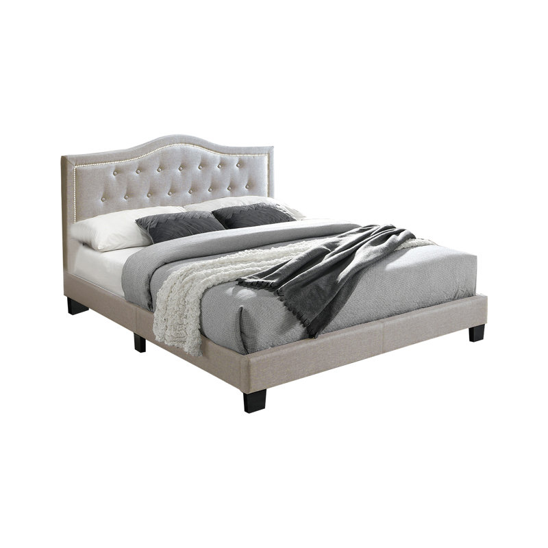 Light Brown Queen Linen Upholstered Bed with Tufted Headboard