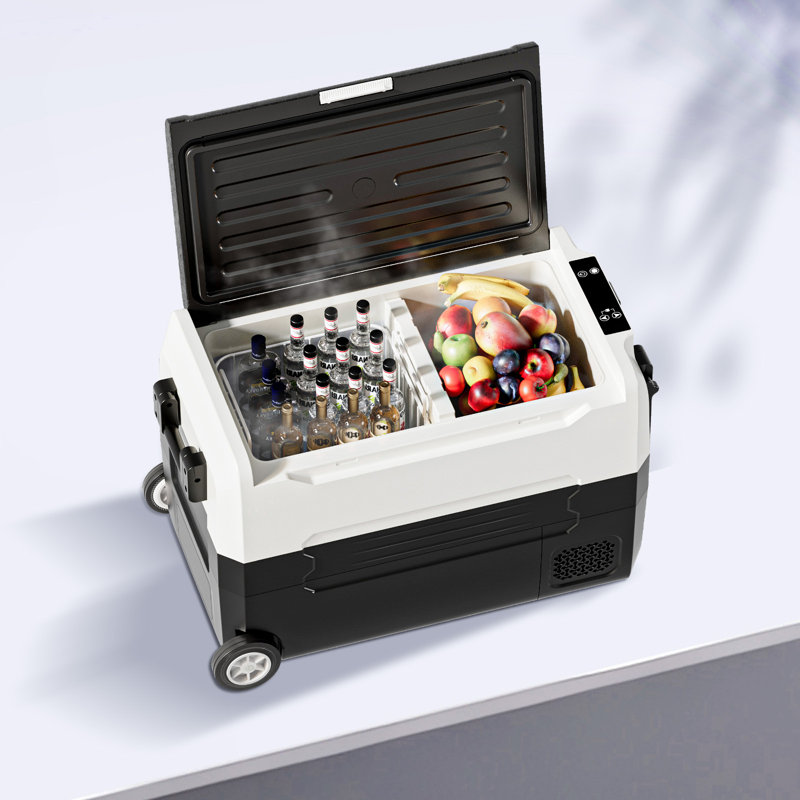 49QT(45L) Ultra-fast Cooling Car Refrigerator with Dual-compartment Independent Temperature Control & Display, -4?~68?,Portable Car Fridge with Robust Wheels & Handle For Easy Rolling, 12/24V DC, 110V/220VAC, Black/Grey