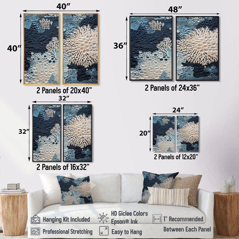 Collage sous l'eau et coraux bleus et blancs - Grandes impressions sur toile 2 pièces, Impression encadrée flottante, Doré