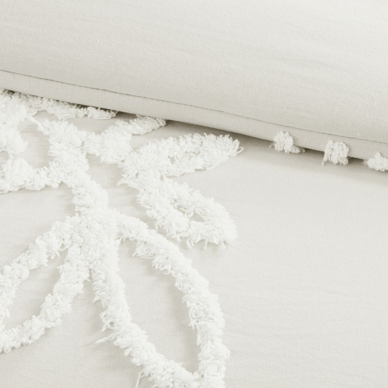 3 pièces, édredon en coton chenille floral, floral, chambre Shabby Chic, Blanc cassé, Édredon double et 2 taies décoratives