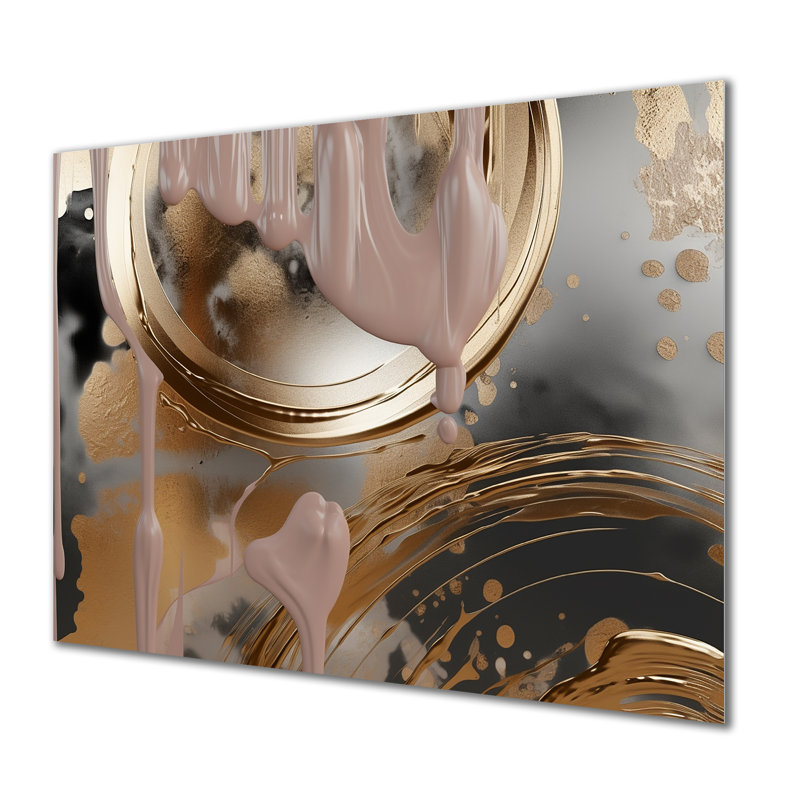 Abstrait doré et cercles infinis roses II - art mural abstrait à l'encre liquide en métal, H 16 po x l 32 po x P 1 po