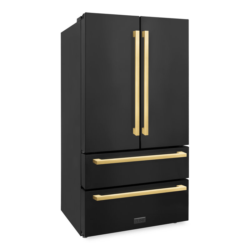 ZLINE Autograph Edition 36 in. 22.5 cu. ft. Counter-Depth French Door Refrigerator with Ice Maker in Fingerprint-Resistant Stainless Steel with Polished Gold Modern Handles
