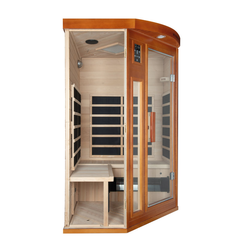 2-Person Indoor FAR Infrared Corner Sauna in Canadian Hemlock with Red Light Therapy, Bluetooth Speaker, Smart Control Panel & Chromotherapy Lighting