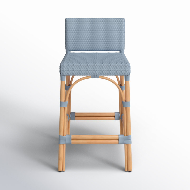 Serienna Blue & White Rattan Low Back Counter Stool, Counter Stool 24" Seat Height, Blue