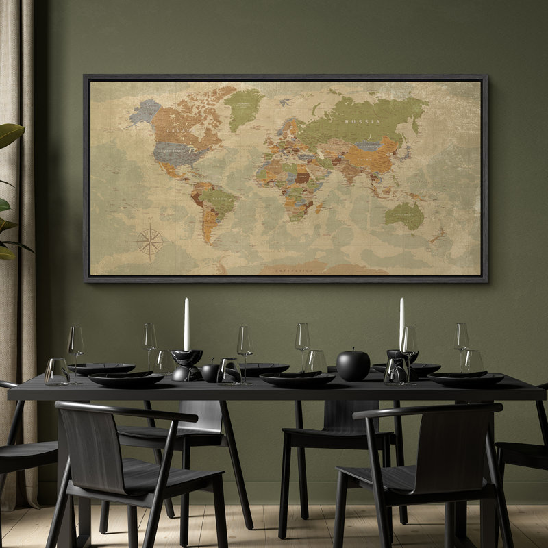 Carte du monde rétro aux tons terreux avec bordures de campagne et boussole - grande impression sur toile encadrée de la chambre principale