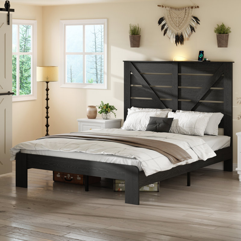 Base de lit plateforme en bois avec tête de lit, Lit double, Noir