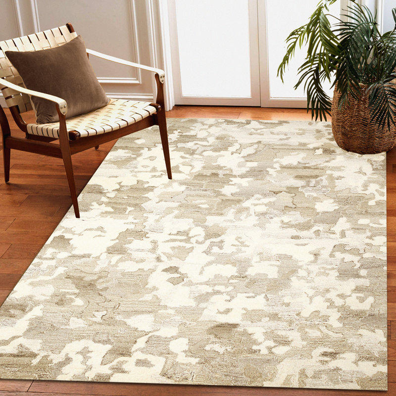 Tapis beige / ivoire en laine touffeté à la main Abstract, Rectangle 8 pi 3 po x 11 pi 6 po