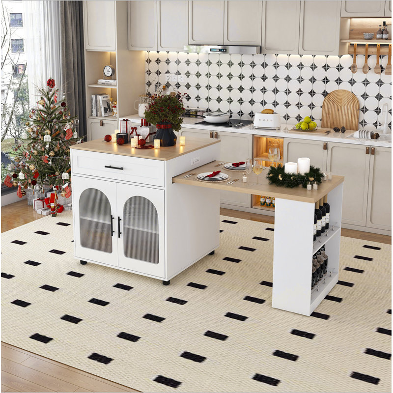 Îlot de cuisine de 80 pouces avec table de salle à manger, comptoir en bois massif avec prise de courant, chariot de rangement mobile avec armoire et 2 tiroirs, table de préparation pour la cuisine