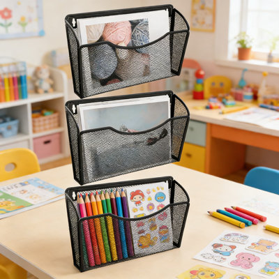 Mesh Wall Mount File Holder Organizer - 3 Pocket Vertical Metal Hanging File Organizer For Office Desk, Home, Or Cubicle, Space Saving Document Storage