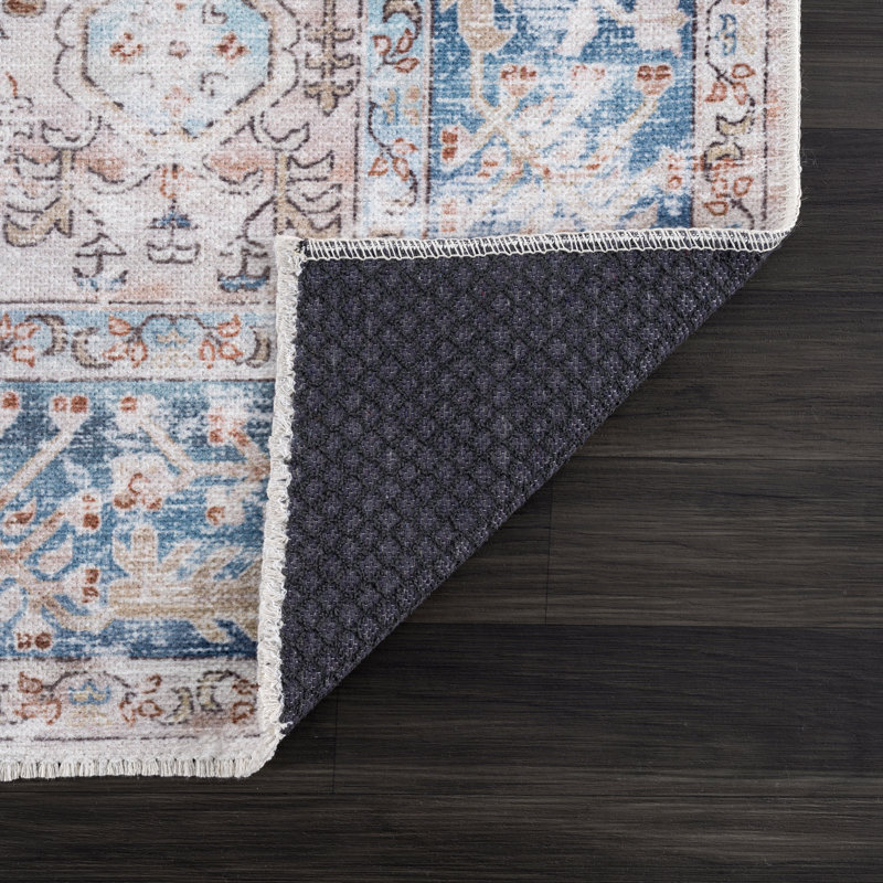 Washable Non-Slip Traditional - Beige / Ocean Blue Rug , Rectangle 5' x 7'