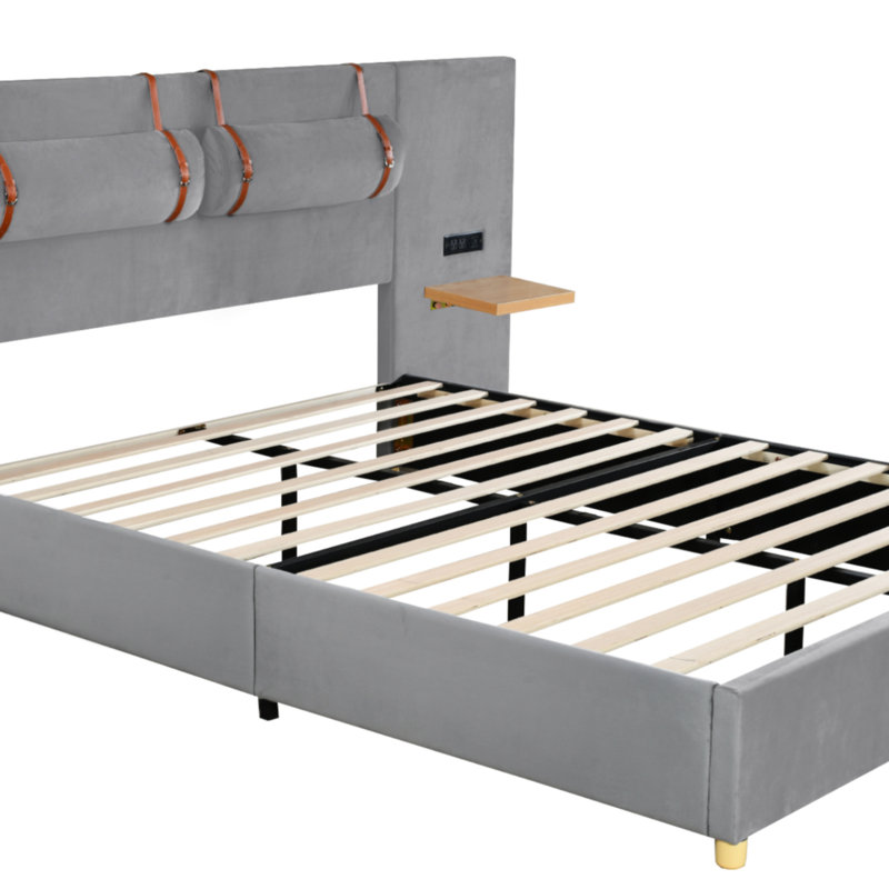 Lit plateforme tapissier à panneau avec tête de lit, Grand, Beige
