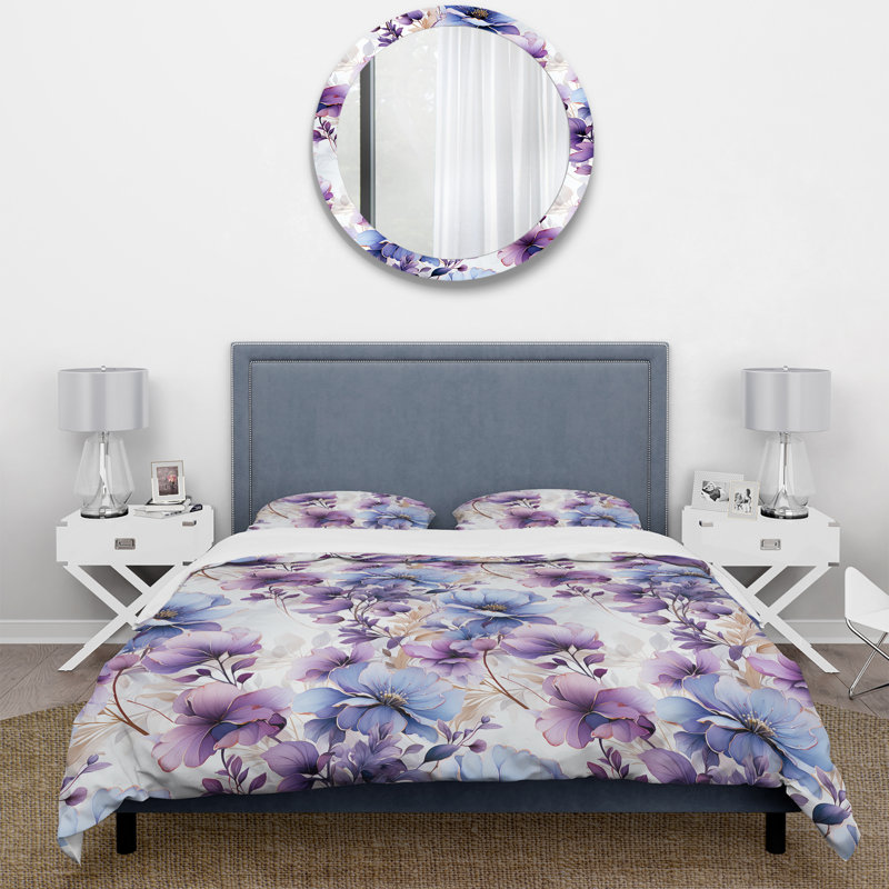 Floral Duvet Cover Set - Wonderland White And Purple Flowers, King Duvet Cover + 2 King Shams