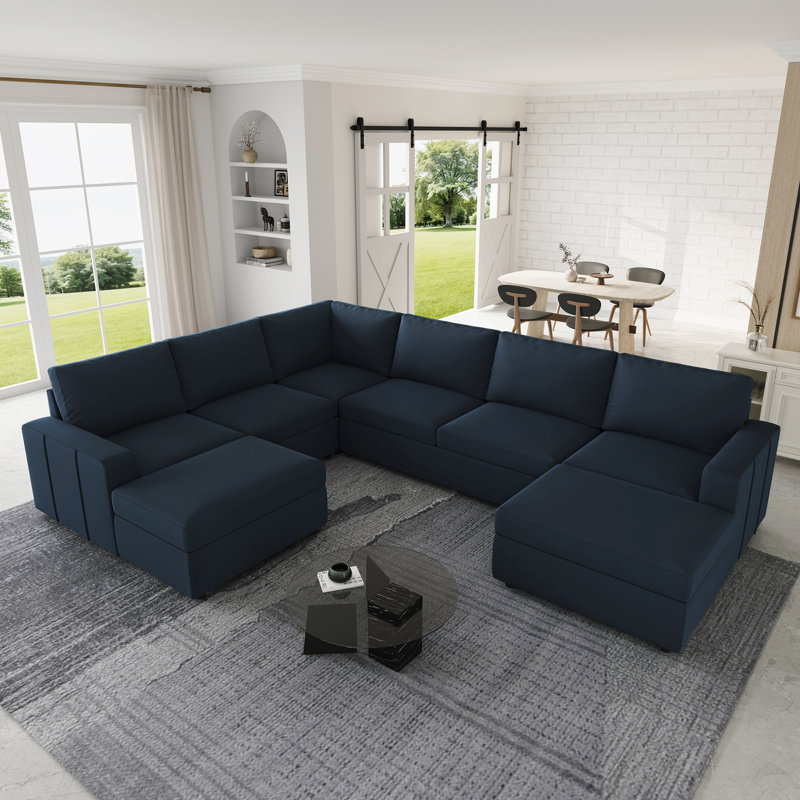 Storage U-Shaped Sectional Corner Sofa With Two Ottomans, Blue Velvet