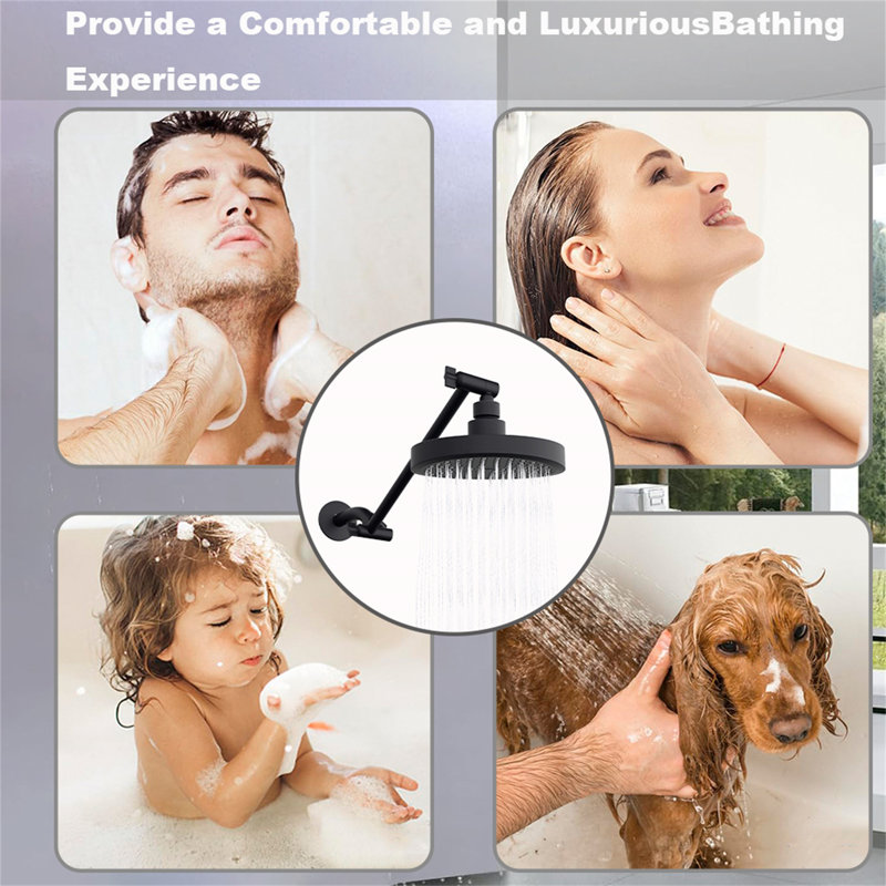 Round Rainfall Shower Head With Adjustable Extension Arm - High Pressure Performance, 1-Min Easy Install (11" Arm) (Fixed Shower Mount Sold Separately)