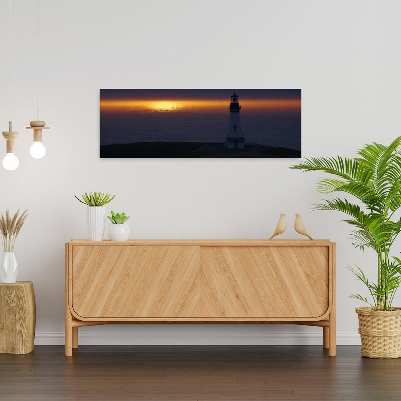 Phare au coucher du soleil paisible, art serein abstrait océan côtier, 12" H x 36" W