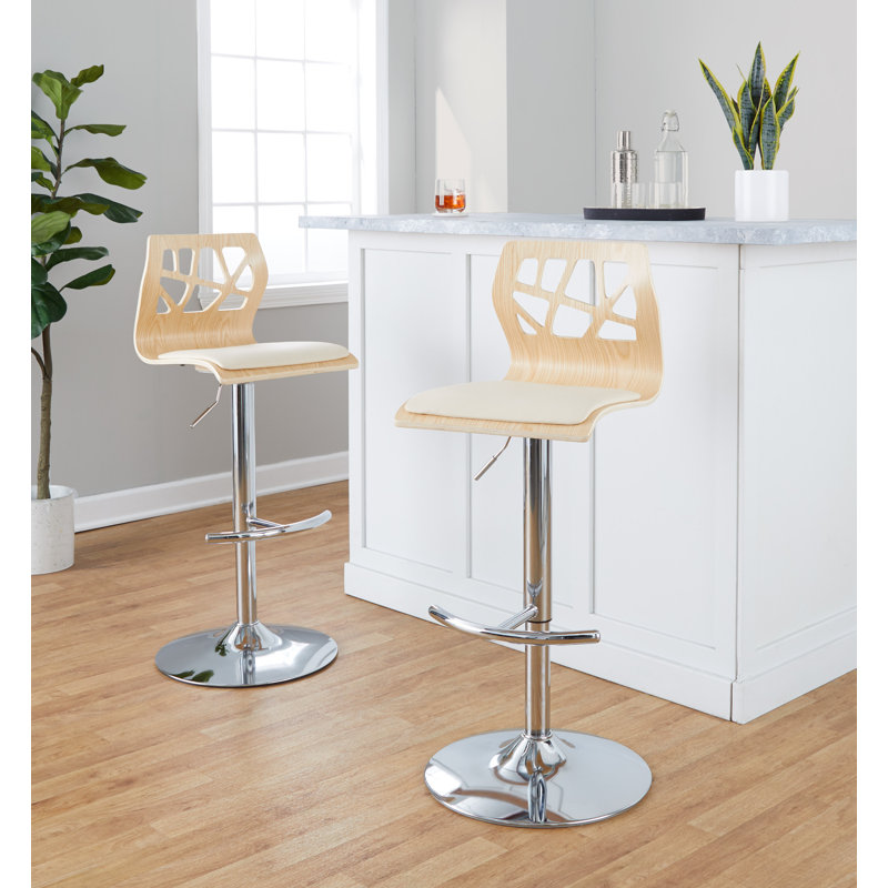 Tabourets ajustables avec repose-pieds arrondi Fayette, Chrome chrome, Similicuir crème / bois naturel