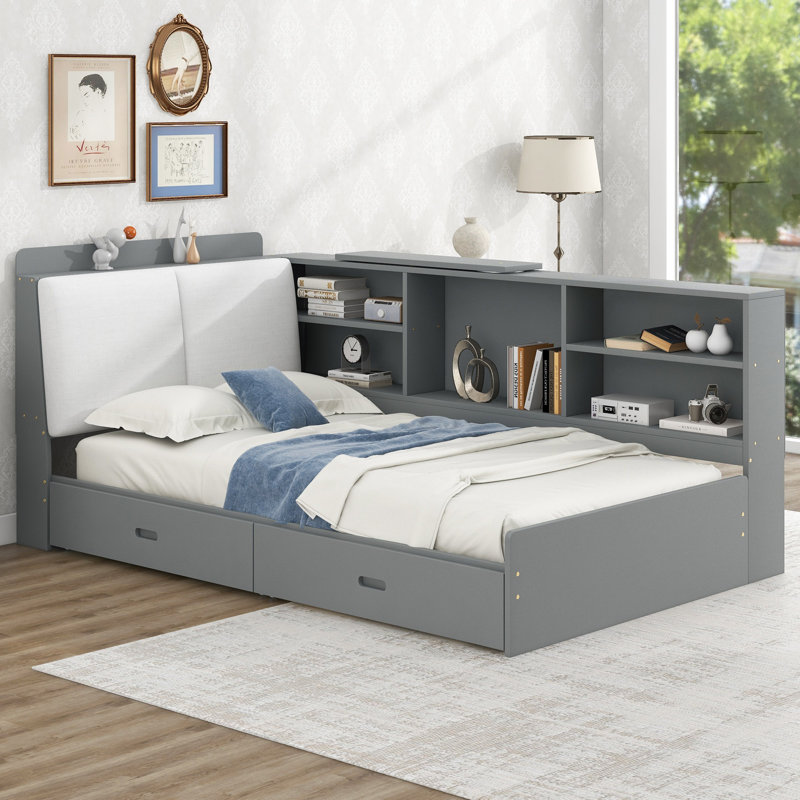 Wood Twin Size Platform Bed With Storage Headboard, Shelves And 2 Drawers, Antique Gray