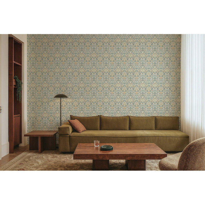 Ribbon Lily - Wallpaper, Silvered Blue, Faux Grasscloth, Non-Pasted