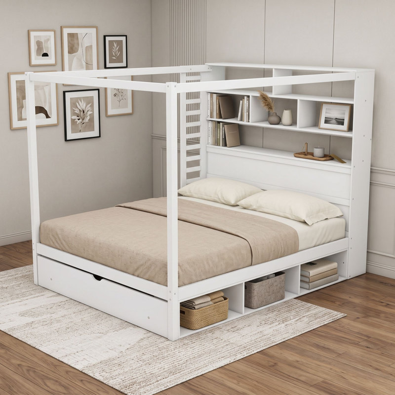 Lit plateforme en bois à baldaquin avec tiroir, bibliothèque intégrée, station de recharge, éclairage DEL, compartiments de rangement et garde-robe réversible.