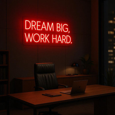 Dream Big Work Hard – Motivational LED Wall Art, Unique Light For Office, Bedroom - 20X9.4" / 50X24cm