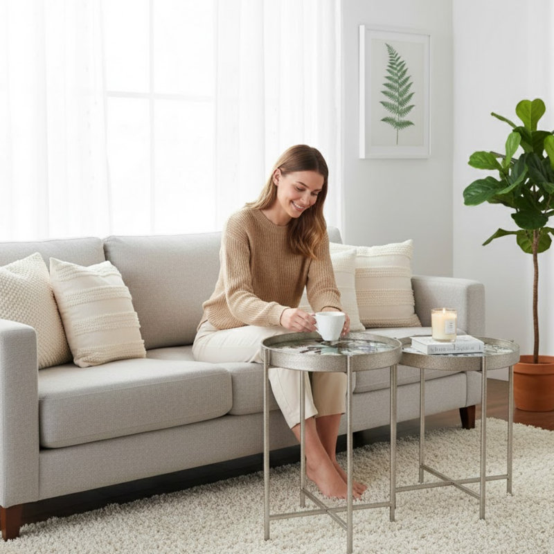 Glass Top Side Leaf Print design Table Set of 2 - Stylish Round Edge Coffee and End Tables for Living Room, Bedroom and Office