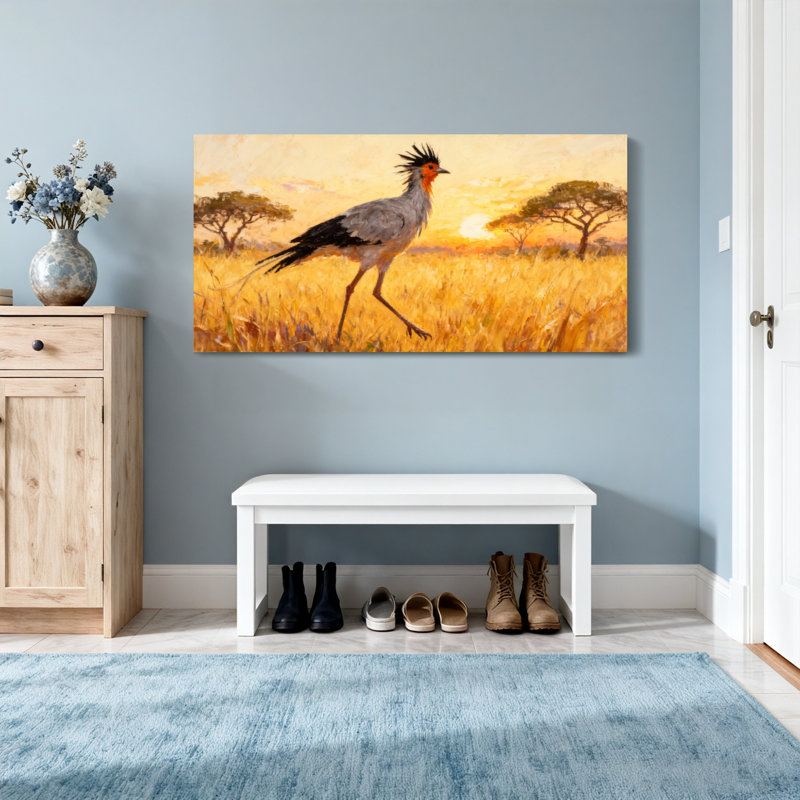 Animaux, coucher de soleil, savane, marche d'oiseaux, reproduction d'art, H 16 po x l 32 po