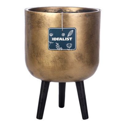 Metallic Concrete Effect Cylinder Round Planter on Hardwood Legs, Round Indoor Plant Pot Stand for Indoor Plants, Indoor Flower Pot