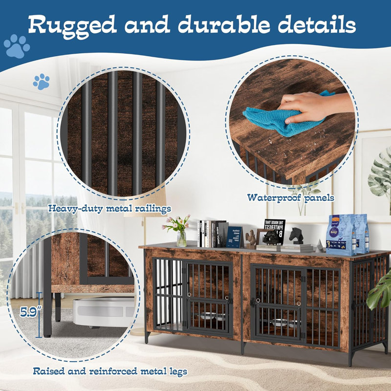  79" Dog Crate Furniture For 2 Dogs, Large Dog Kennel With 360° Rotating Feeder Bowls, Indoor Double Dogs Crates With 4 Doors, Wooden Crate Tv Stand With Removable Divider