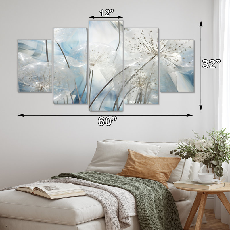 Sparkling Silver Dandelion Dreams I - Pissenlit, art mural pour le salon, 5 pièces