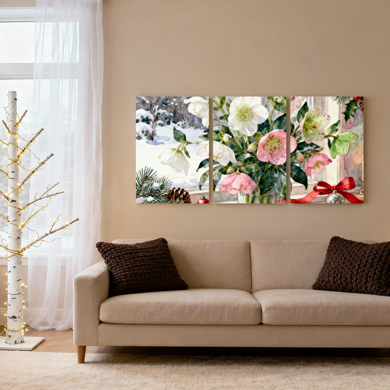 Ensemble de 3 toiles murales sur châssis, motif floral hivernal et éléments de Noël, H 24 po x l 48 po