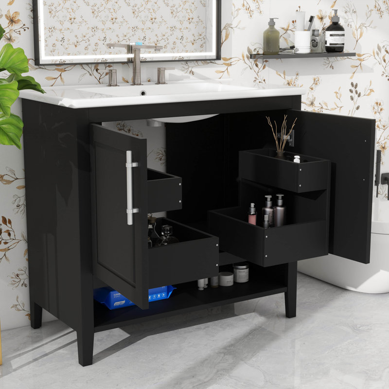 Meuble-lavabo avec lavabo, armoire de salle de bain moderne avec 2 portes et tiroirs, espace de rangement multifonctionnel