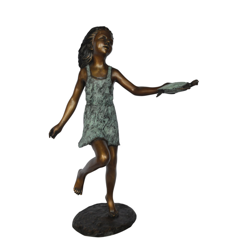 Copper and Metal Girl Holding Turtle Fountain