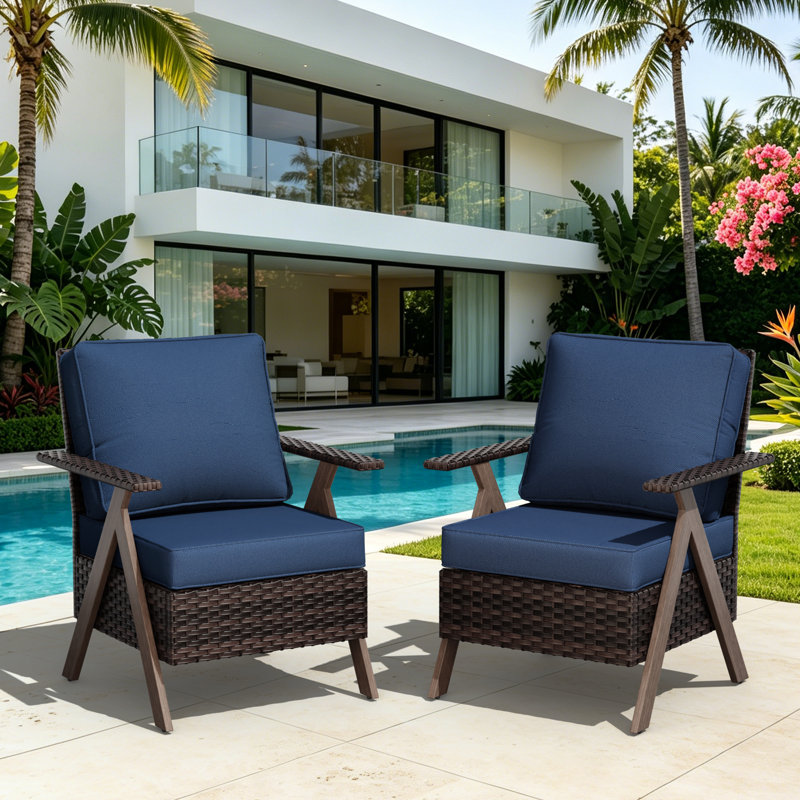2-Person Polyethylene (PE) Wicker Outdoor Lounge R-shaped Armchair with Blue Cushions, Blue