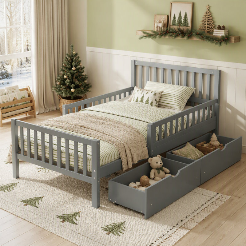 Lit plateforme en bois double avec double barrière de sécurité et tiroirs de rangement pour un sommeil sécuritaire et organisé