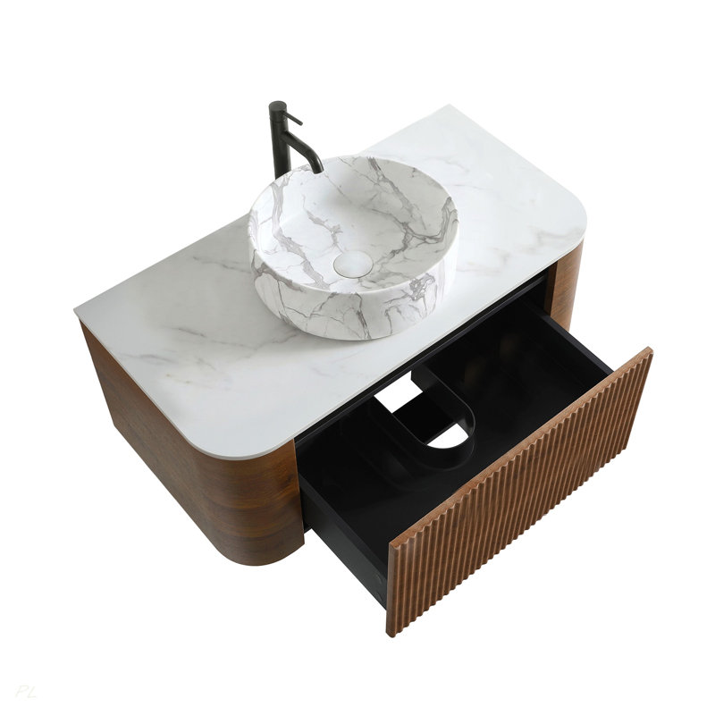 Meuble-lavabo de 36 po avec lavabo, armoire murale en noyer avec porte-serviettes gratuit, lavabo simple en céramique blanche de Carrare, sans drain et robinet, pré-assemblé