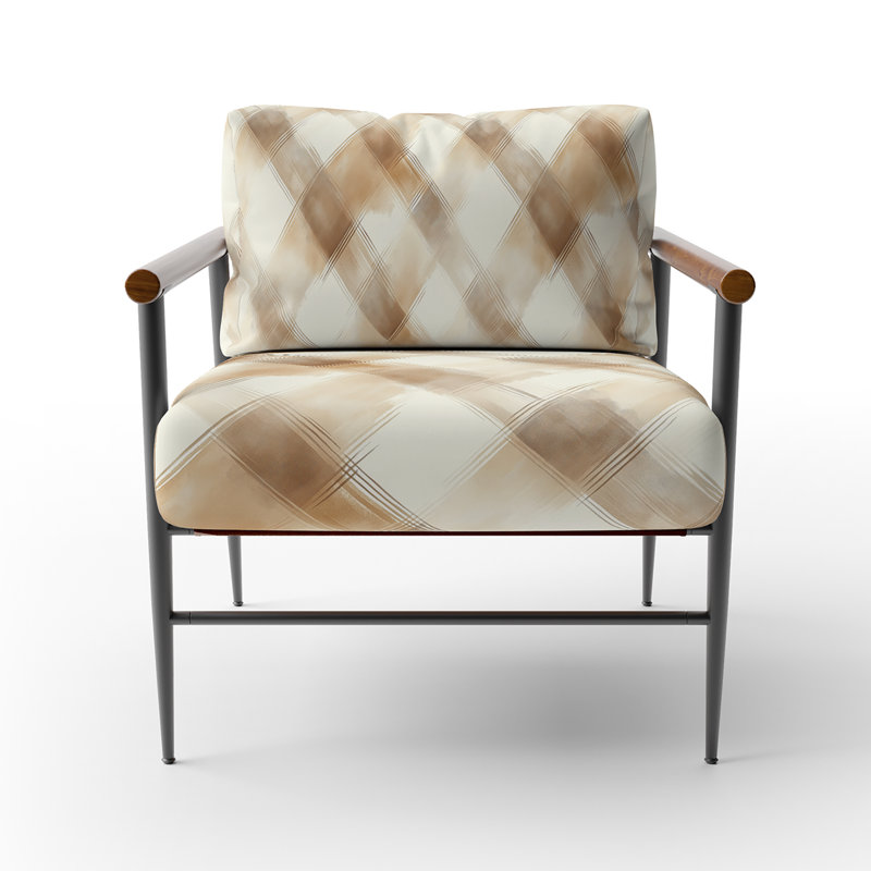 Chaise rembourrée Country Farmhouse - Fauteuil brun à carreaux sable chaud, Bras ronds bruns