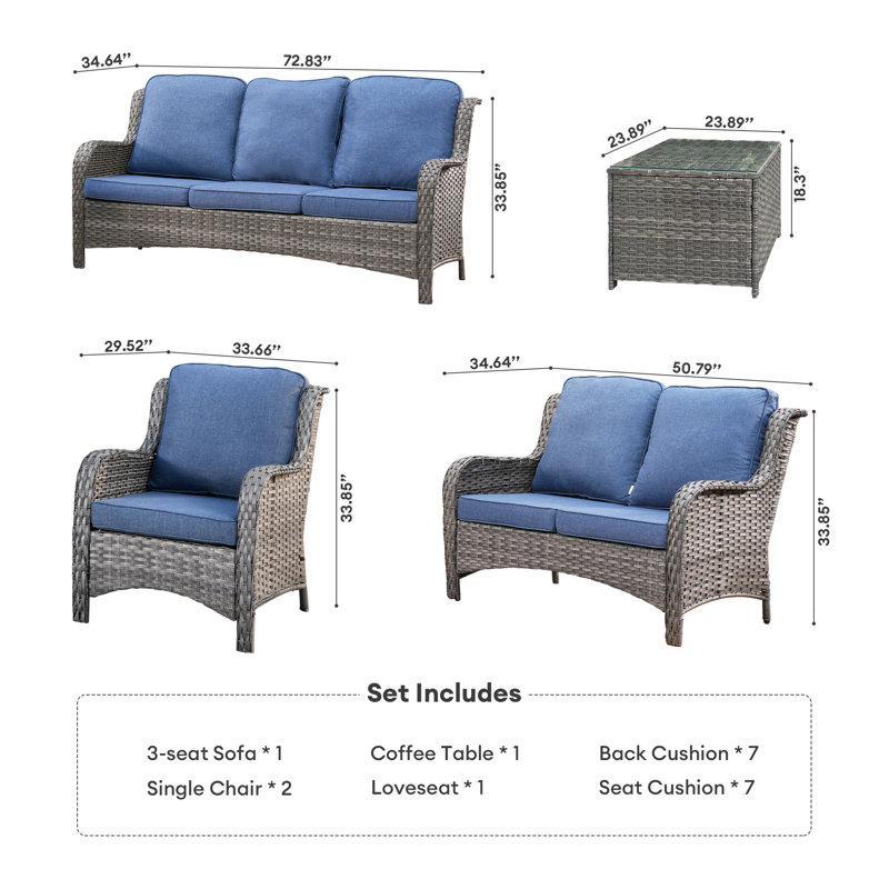 Ensemble de conversation avec canapé et coussins 5 pièces Ilkeston, Bleu/gris