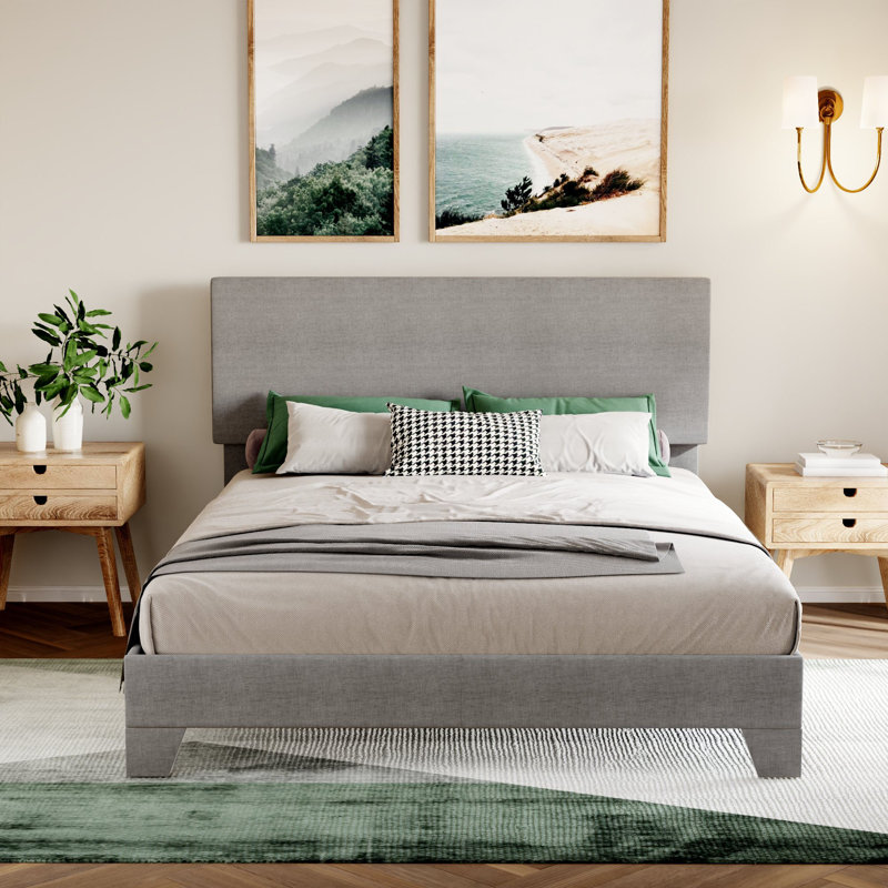 Lit plateforme simple tapissier Avel, Double, Lin gris pâle
