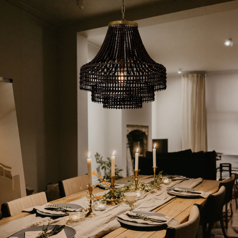 Metal Rattan and Wood Bead Chandelier, Black