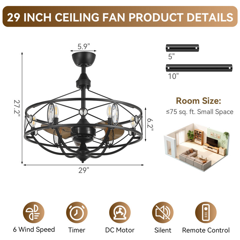 Ventilateur de plafond moderne à 3 pales en ABS de 29 po avec lumière, télécommande, moteur à courant continu réversible Kemp Kemp pour ventilateur de petite et moyenne surface
