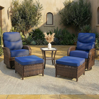 Patio Furniture Set with Luxury 6" Cushions, 5 Pieces Swivel Rocking High Back Patio Chairs and Ottoman, Outdoor Wicker Conversation Set for Deck, Porch, Backyard, Poolside, Blue