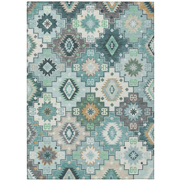 Machine Washable Indoor/Outdoor Xhevrie Teal Rug