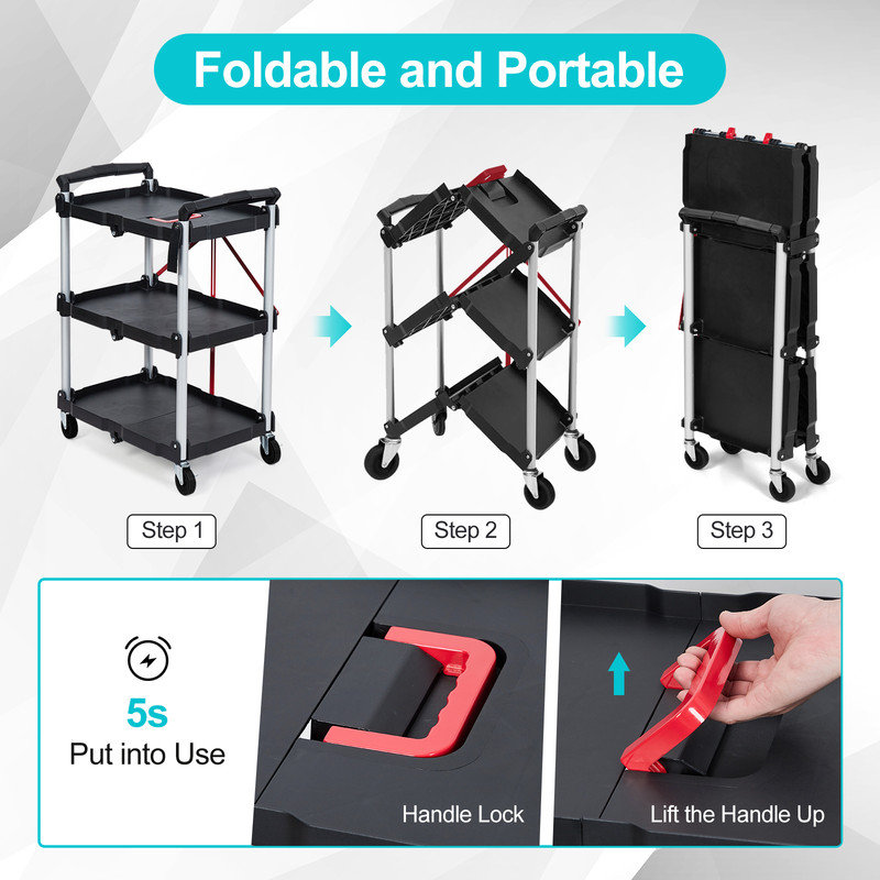 Collapsible Utility Cart, 3-Tier Foldable Service Cart with 360° Swivel Wheels, Red