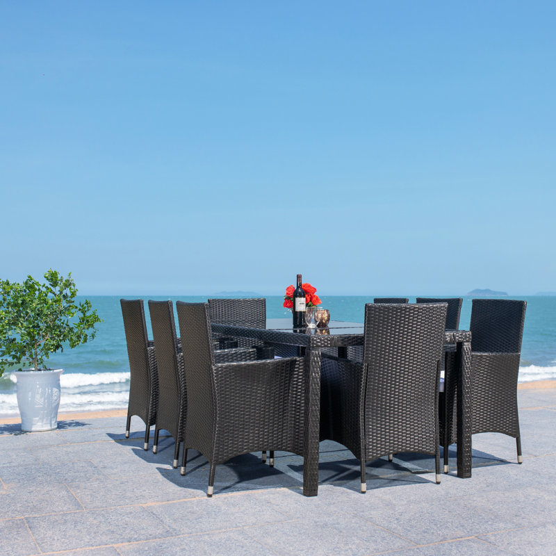Hailee 8-Person Black Wicker Outdoor Dining Set with Glass Top