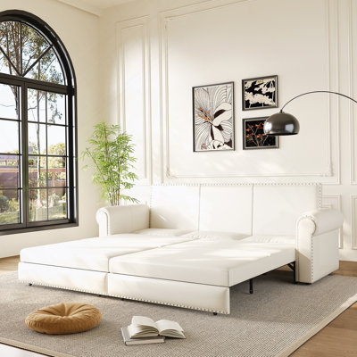 3-In-1 Convertible King Pull-Out Sofa Bed With Faux Leather Upholstery, Nailhead Trim, Rolled Arms, And Multi-Functional Seating-To-Sleeping Transformation.