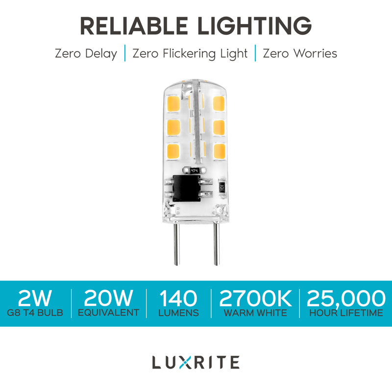2 watts (équivalent à 20 watts), ampoule à del t4, non-à intensité variable, blanc chaud (2700k) g8/culot à deux broches, 8