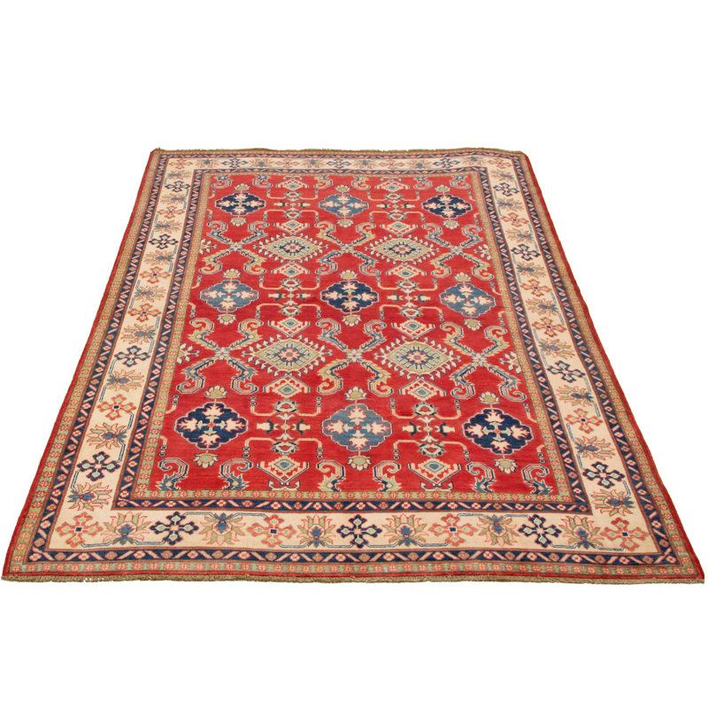 Tapis unique en laine noué à la main jaune et rouge Gazni des années 2010 de 6 pi 6 po x 9 pi 10 po Qaiden