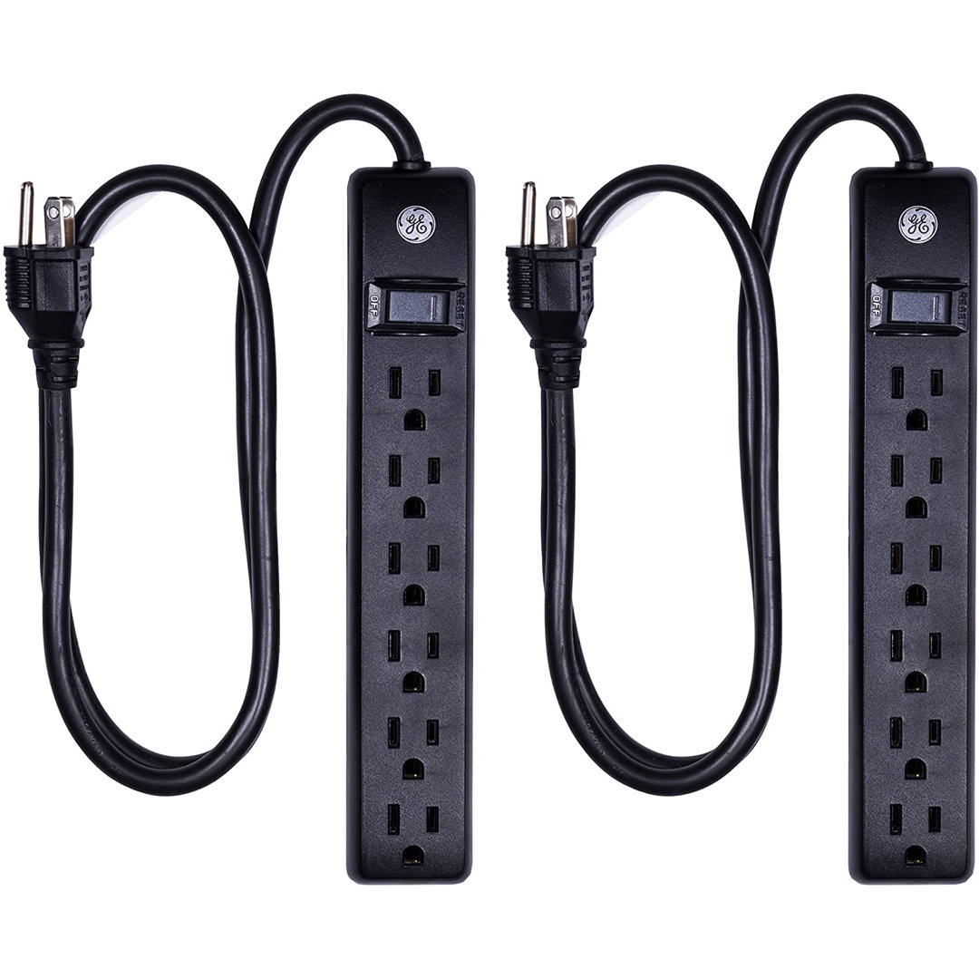 GE 3-ft 6-Outlet Surge Protector, 450J, Black, 2-Pack, 83969 GE